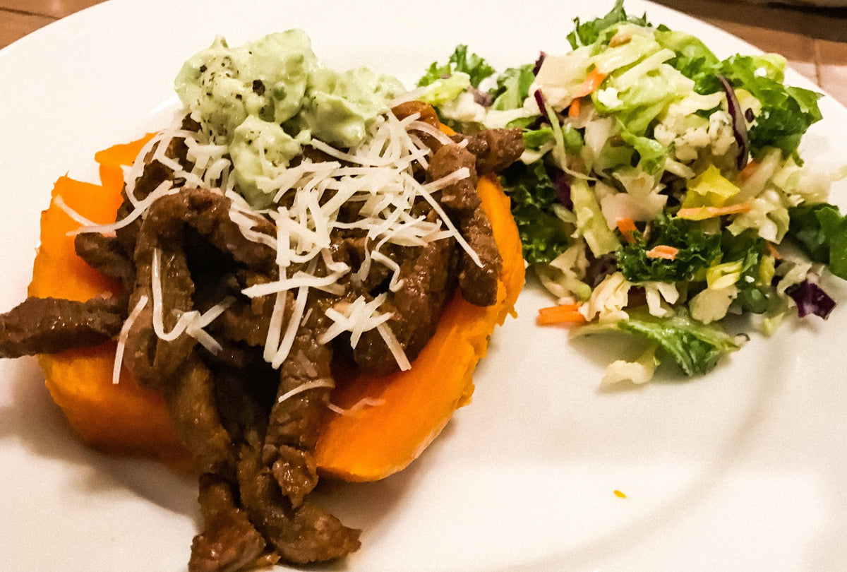 Sirloin Fajita Stuffed Sweet Potatoes Recipe - Raikes Beef Co.